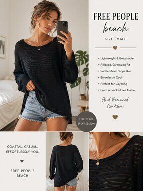 Free People Beach Black Ribbed Knit Oversized Sweater Small Boho Bell Sleeve